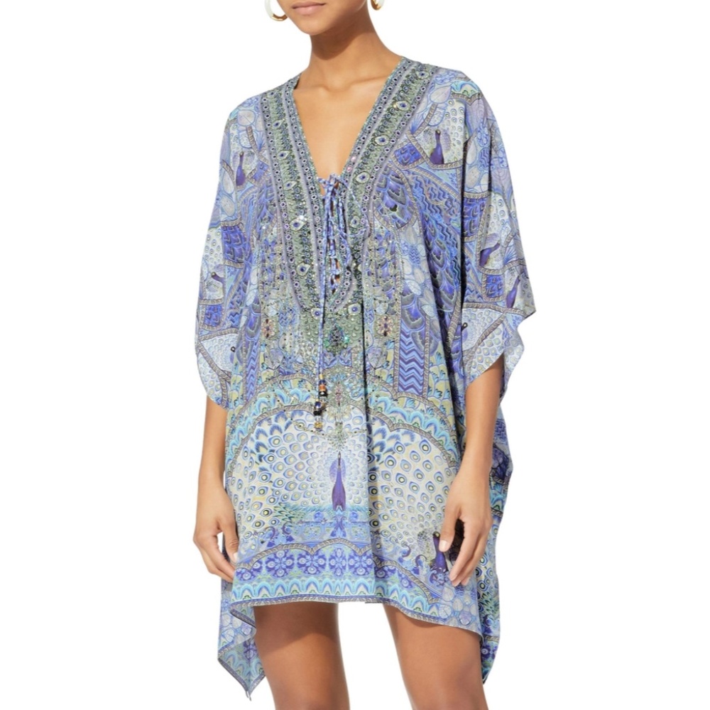 CAMILLA Lace-up SILK Caftan Blue/White OS